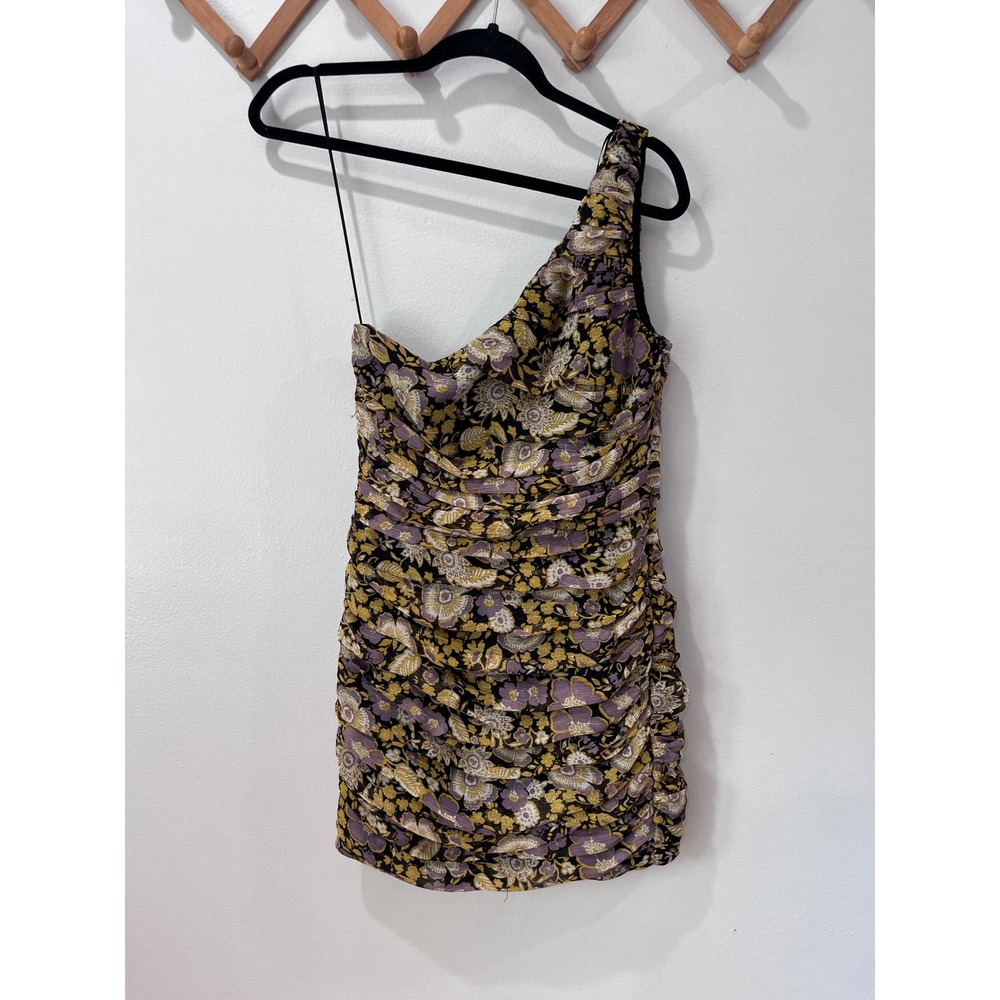 Zara Womens One Shoulder Ruched Floral Mini Dress Yellow Purple Shimmer NEW - Picture 2 of 3